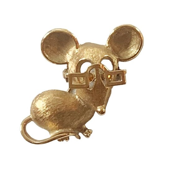 Vintage AVON Mouse w/Glasses & Amber Rhinestone Eyes Gold Tone Brooch Lapel Pin - Picture 6 of 6